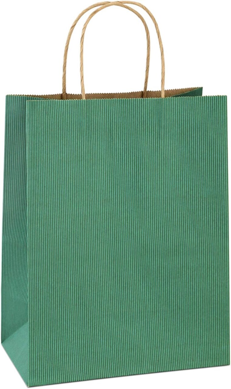 Shopping Bags 8x4.25x10.5 Inches 100Pcs Gift Bags Kraft Bags Retail Bags Green Stripe Paper Bags with Handles Bulk, 100% Recycled Paper Gift Bags